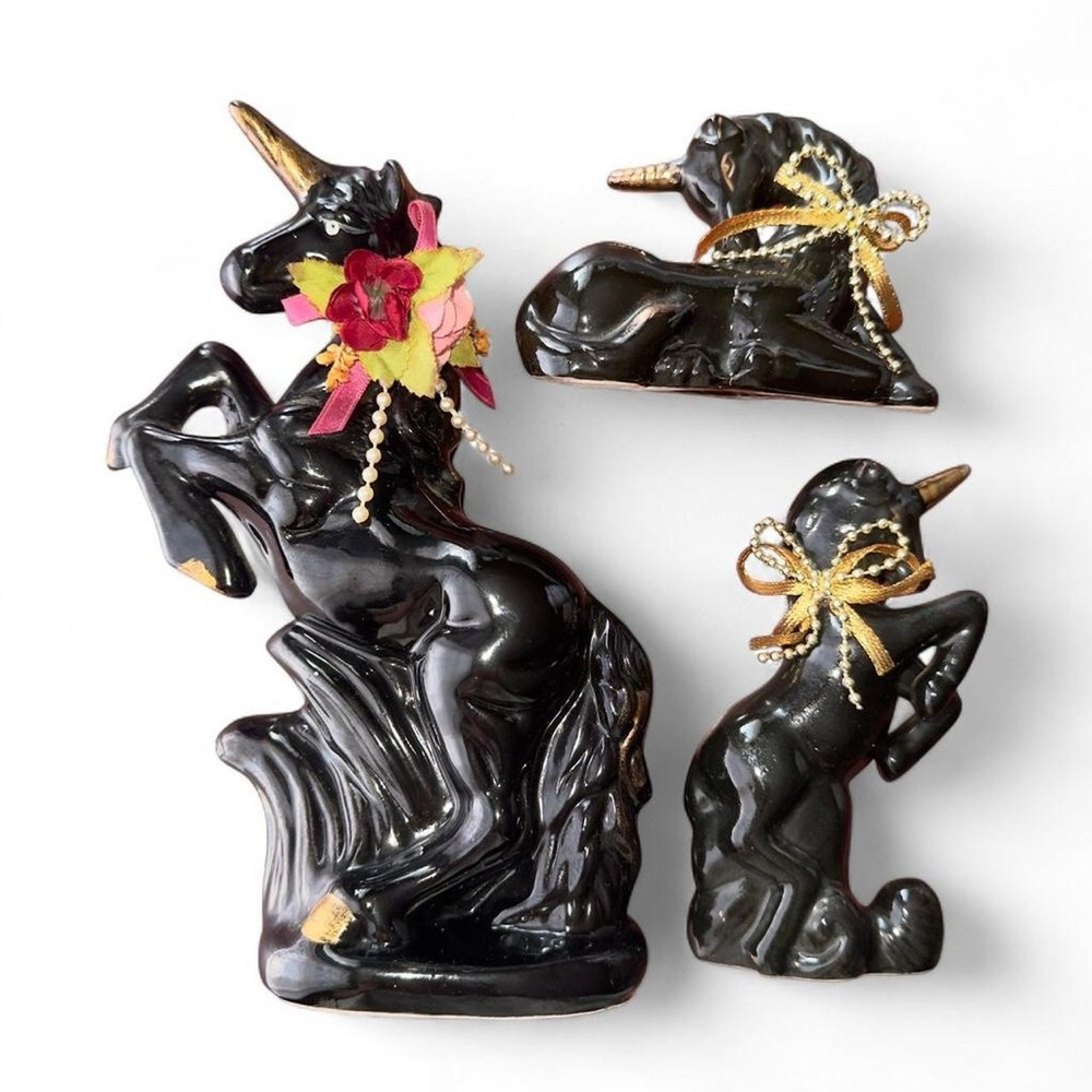 Vintage Glossy Black & Gold Ceramic Unicorn Figurine Trio